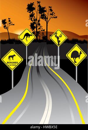 Australian road signs beside the road in the sunset Stock Vector
