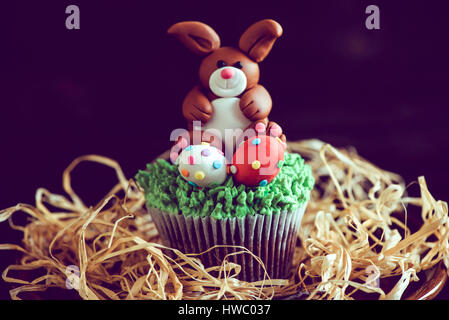 Easter bunny with colorful eggs on cup cake,selective focus Stock Photo
