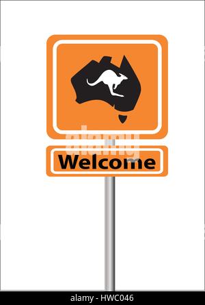 Welcome orange sign with map of Australia and kangaroo Stock Vector