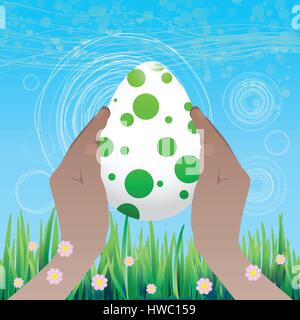 Easter is happy. Egg in peas in hands. Vector for your design Stock Vector