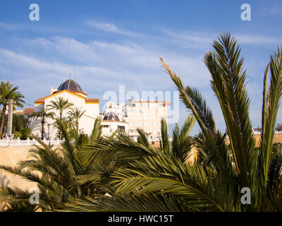 The Church of San Jaime, in Benidorm's Old Town, frame by the leaves of a palm tree. Stock Photo