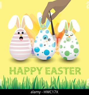 Easter happy three eggs bunnies with funny faces on a background isolated vector for your design Stock Vector