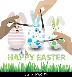 Easter happy three eggs rabbits with muzzles draw funny on a white isolated vector background for your design Stock Vector