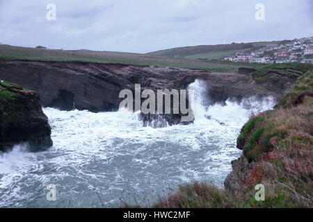 Massive storm surges in November 2013 pound the Cornish beaches of Whipsiderry, Watergate Bay and Porth Island, Newquay UK Stock Photo