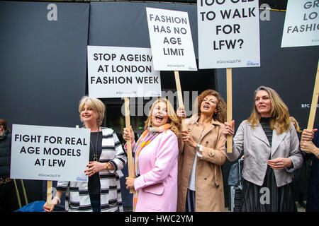 Former Sun Page 3 model Jilly Johnson joins Jane Felstead as models all over the age of 45 protest against age discrimination, calling for a wider use of older models on the catwalk.  Featuring: Jilly Johnson, Jane Felstead Where: London, United Kingdom W Stock Photo