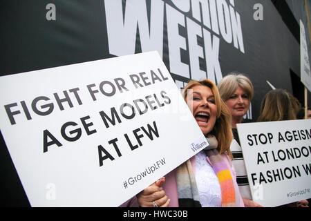 Former Sun Page 3 model Jilly Johnson joins Jane Felstead as models all over the age of 45 protest against age discrimination, calling for a wider use of older models on the catwalk.  Featuring: Jilly Johnson Where: London, United Kingdom When: 17 Feb 201 Stock Photo