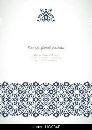 Arabesque lace damask seamless border floral decoration print for design template vector. Eastern style pattern. Ornamental illustration for invitatio Stock Vector