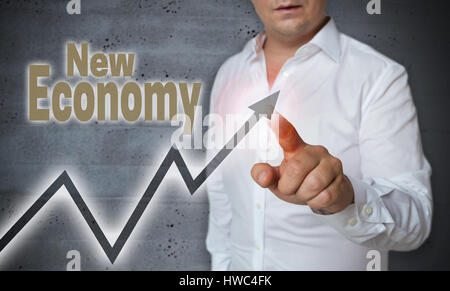 New Economy touchscreen is operated by man. Stock Photo