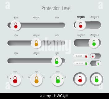 set of sliders, buttons and switches. Template for a white interface with padlocks for different levels of protection of information and passwords. Ve Stock Vector