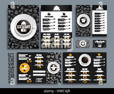 Set of business cards and A4 menu, folding brochures and flyers size 210x99 mm for restaurant or cafe. Templates of black and white style, with drawin Stock Vector