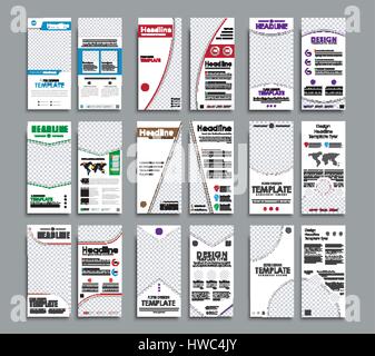 set of flyers format 210x99 mm. Templates of white brochures with colored geometric figures of design and a place for the image. Vector illustration Stock Vector