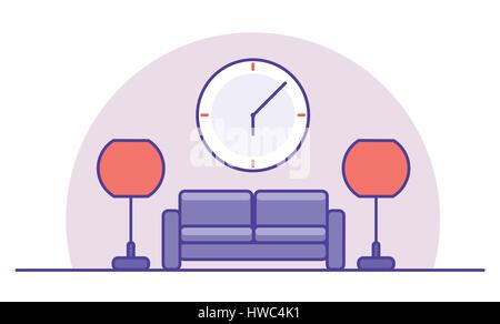 Interior flat style with red lights, purple sofa and a clock on the wall. Template for a banner or header. Vector illustration Stock Vector