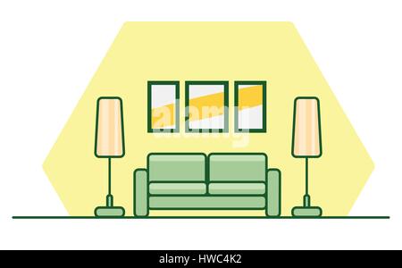 Interior flat style with a green sofa, lamps and paintings on the yellow wall. The template for banner, Heather, brochures or flyers, Vector illustrat Stock Vector