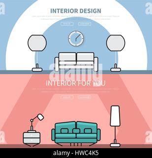 Templates web site header, with interior design in a flat style, red and blue, with a sofa, Lapp and hours. Banner with the text and buttons. Vector i Stock Vector