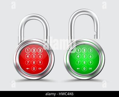 Metal padlocks, digital password on a red and green dial. Template Open-closed. Vector illustration. Set Stock Vector