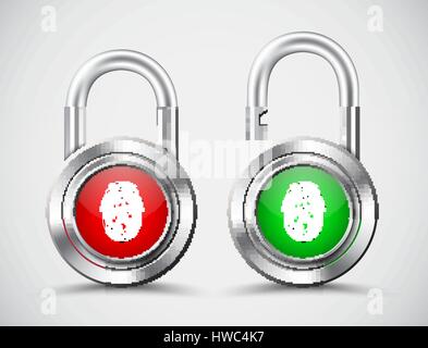 Realistic padlocks with a fingerprint to open them on the red and green display. Template Open-closed. Vector illustration. Set Stock Vector