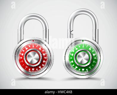 Chromed round padlocks, mechanical code lock. openness indicator of red and green. Vector illustration. Set Stock Vector