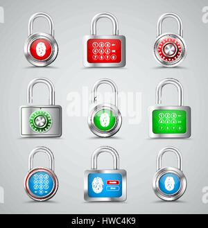Set of metal padlocks round and square shapes with different types of protection in the form of a combination lock, PIN code and fingerprint on a red, Stock Vector