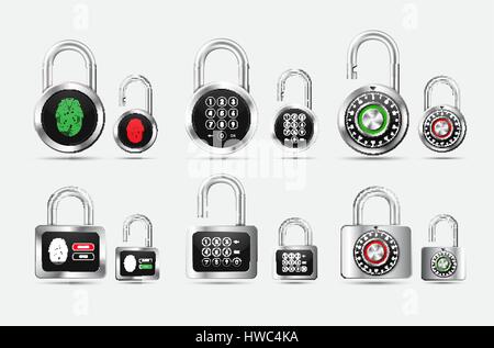 Set padlock round and square, closed and open with different types of protection in the form of a combination lock, PIN code and fingerprint on the bl Stock Vector
