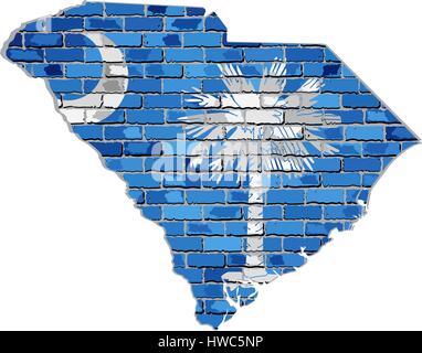 South Carolina map on a brick wall - Illustration,   The state of South Carolina map with flag inside Stock Vector