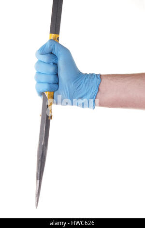 Stock Photo - Right hand wearing a blue nitrile glove holding a wrecking bar, isolated on white Stock Photo