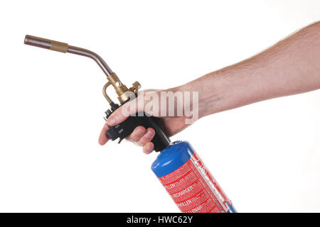 Stock Photo - Right hand wearing a blue nitrile glove holding a blow torch, isolated on white Stock Photo
