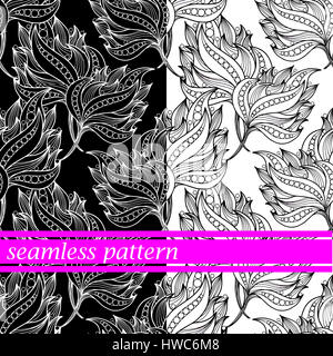 set of seamless pattern with black and white flowers. Stock Photo