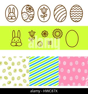 Easter outline eggs, bunny and florals vector icons. Pattern line set. Stock Vector