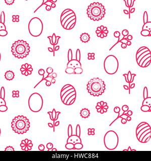 Easter outline icon seamless vector pattern. Line pink style monochrome egg and bunny background. Stock Vector