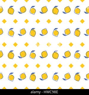 Blue and yellow lemon mediterranean seamless tile pattern. Geometric and citrus shapes vector texture for ceramic design, textile and wallpaper. Stock Vector
