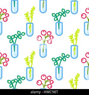 Flowers in glass flasks seamless pattern. Berries floral line colored vector background. Stock Vector