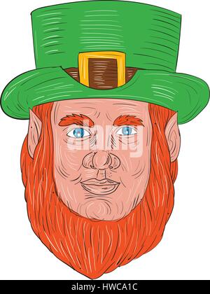 Drawing sketch style illustration of a leprechaun head viewed from front set on isolated white background. Stock Vector