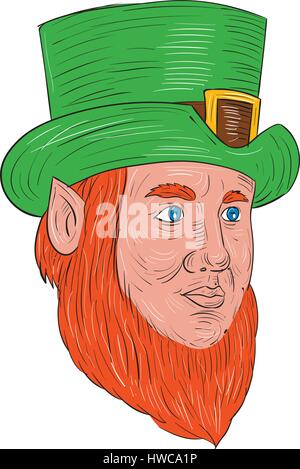 Drawing sketch style illustration of a leprechaun head looking to the side in a three quarter view set on isolated white background. Stock Vector