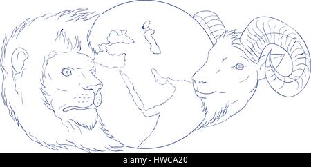 Drawing sketch style illustration of a lion and a ram head with globe showing middle east in the middle set on isolated white background. Stock Vector