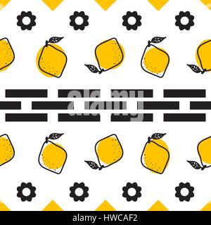 Black and white lemon mediterranean seamless tile pattern. Geometric and citrus shapes vector texture for ceramic design, textile and wallpaper. Stock Vector