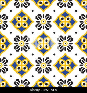 Black and yellow mediterranean seamless tile pattern. Geometric azulejos shapes vector texture for ceramic design, textile and wallpaper. Stock Vector