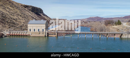 Unique view of the Boise river and historic Diversion Dam in Idaho Stock Photo