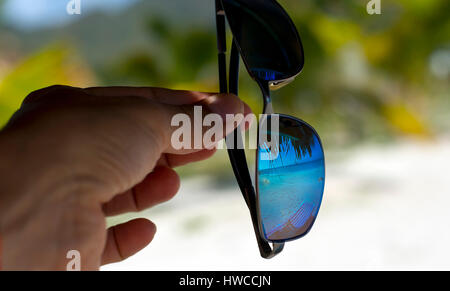 Beach reflection in sunglasses, Ffryes Beach, SW Antigua, Antigua and Barbuda