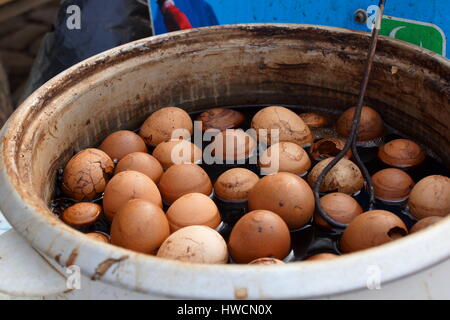 Chinese tea eggs cooking in a pot. Anshan, Liaoning Province, China Stock Photo