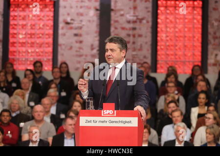 Berlin, Germany. 19th Mar, 2017. Sigmar Gabriel and Martin Schulz on the special Party Congress of SPD in the arena in Berlin-Treptow. Credit: Simone Kuhlmey/Pacific Press/Alamy Live News Stock Photo