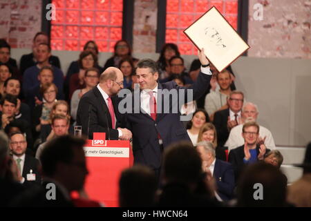 Berlin, Germany. 19th Mar, 2017. Sigmar Gabriel and Martin Schulz on the special Party Congress of SPD in the arena in Berlin-Treptow. Credit: Simone Kuhlmey/Pacific Press/Alamy Live News Stock Photo