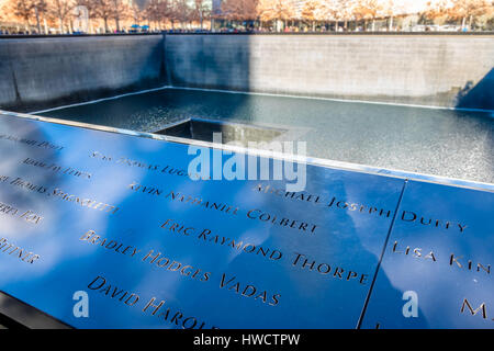 Names of the victims of 9/11 Memorial at World Trade Center Ground Zero - New York, USA Stock Photo