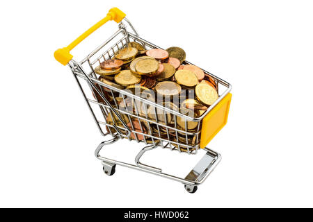 A shopping cart is filled with eurocoins, symbolic photo for buying power, inflation and consumption, Ein Einkaufswagen ist mit Euromuenzen gefuellt,  Stock Photo