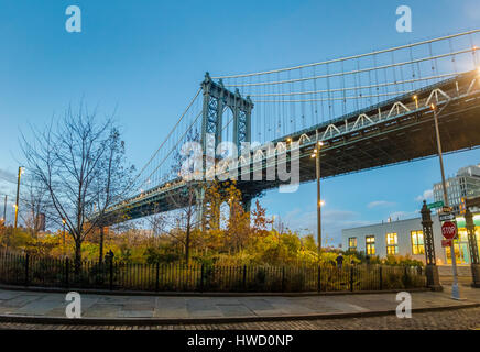 Manhattan Bridge seen from Dumbo on  Brooklyn at sunset - New York, USA Stock Photo