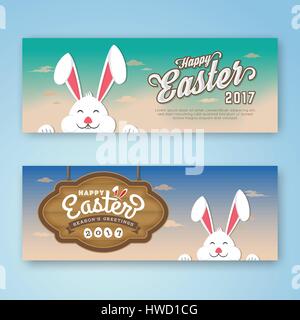 Happy Easter Web Banner With Bunny and Hanging Wood Board. Season Greeting Background Template. Vector illustration Stock Vector