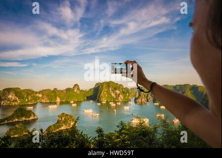 Vietnam, Gulf of Tonkin, Quang Ninh province, Ha Long Bay (Vinh Ha Long) listed as World Heritage by UNESCO (1994), iconic landscape of karst landforms, view from the top of Ti Top island Stock Photo