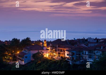 Greece, Central Macedonia Region, Litohoro, elevated town view, dawn Stock Photo