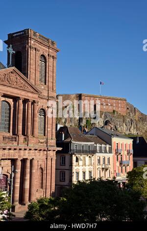 France, Territoire de Belfort, Belfort, Place d'Armes, Saint Christophe cathedral, overlooking the old town castle and the Lion Stock Photo
