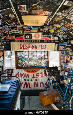 United States, Massachusetts, North Adams, Mass MOCA, Massachusetts Museum of Contemporary Art, Flying Airstream, The Shining, from the work, All Utopias Fell by artist Michael Oatman, interior with stained glass window Stock Photo