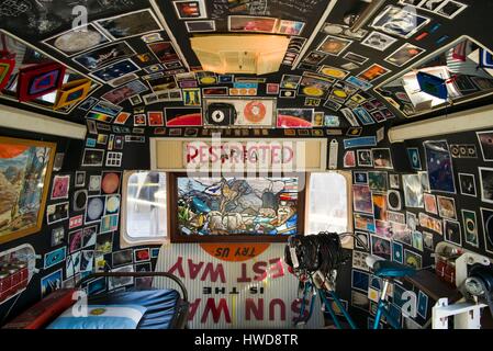 United States, Massachusetts, North Adams, Mass MOCA, Massachusetts Museum of Contemporary Art, Flying Airstream, The Shining, from the work, All Utopias Fell by artist Michael Oatman, interior with stained glass window Stock Photo